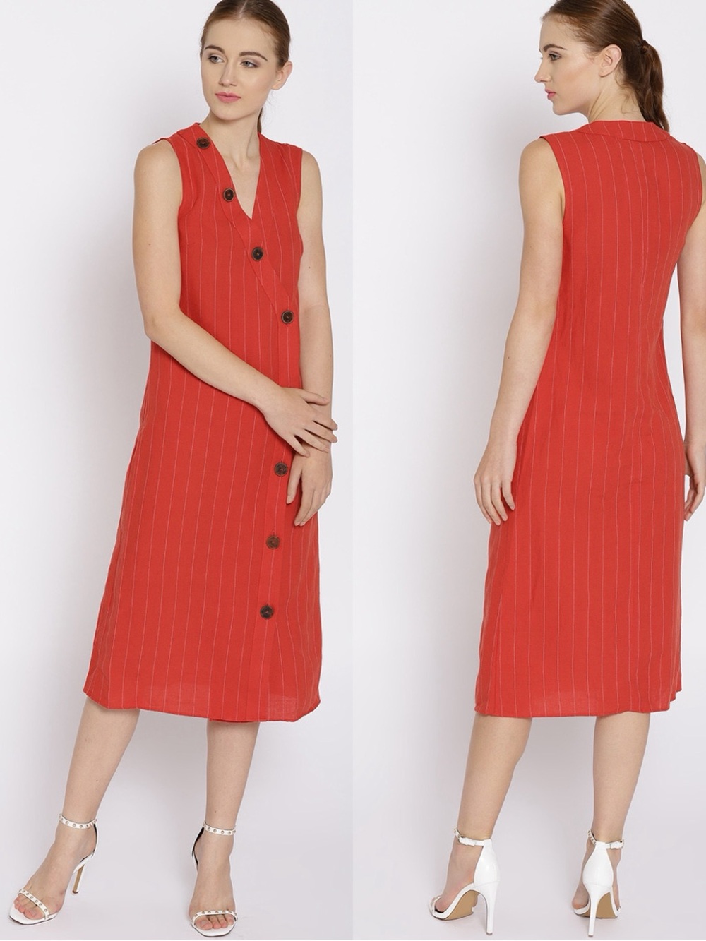 Mango Striped A-Line Linen Dress in burnt orange Size 6 NWT